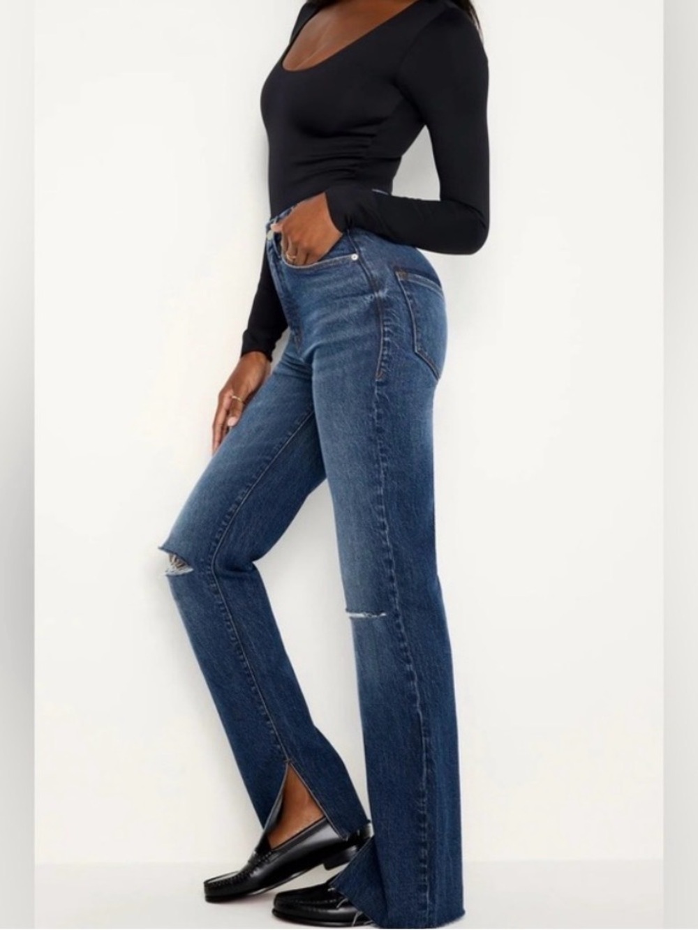 Good American Dark Blue Flare Jeans with Front Slits